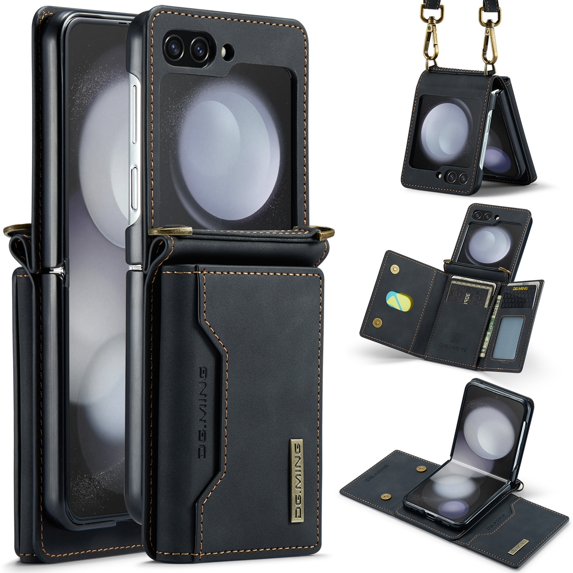 SaniMore Case for Samsung Galaxy Z Flip 5 6.7" 2023, Retro PU Leather Case Soft TPU Inner Detachable Magnetic Folding Card Pocket Flip Kickstand Anti-drop Shockproof Protectiive Cover, Black
