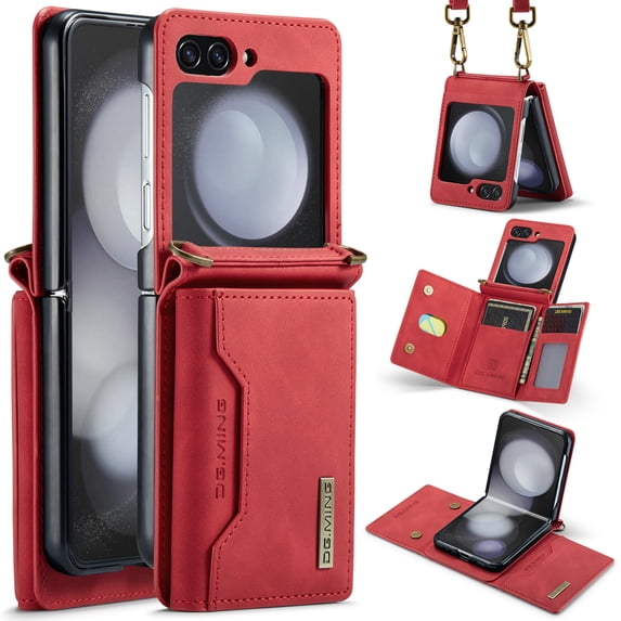 SaniMore Case for Samsung Galaxy Z Flip 5 6.7" 2023, Retro PU Leather Case Soft TPU Inner Detachable Magnetic Folding Card Pocket Flip Kickstand Anti-drop Shockproof Protectiive Cover, Red