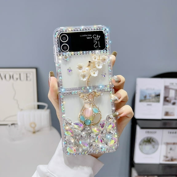 SaniMore Case for Samsung Galaxy Z Flip3 6.7" 2021, Soft Shockproof Silicone 3D Flower Glitter Bling Folding Shell Lens All-inclusive Slim Lightweight Anti-yellow Stylish Cover, Silver