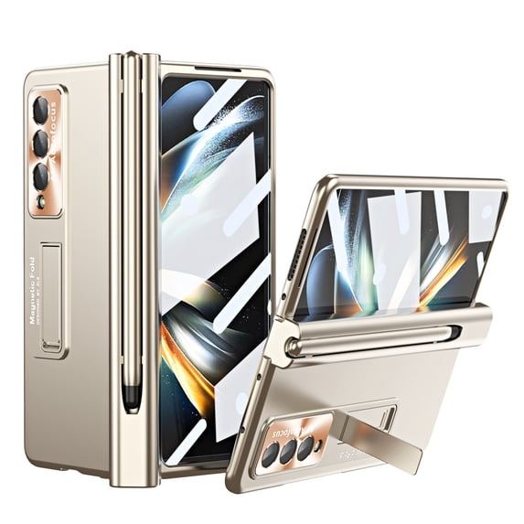SaniMore Case for Samsung Galaxy Z Fold 3 7.6" 2021, Hinge Protection Case with S Pen Holder Magnetic Bracket Built-in Tempered Glass Screen Protection Lens Cap All-inclusive Case, Gold