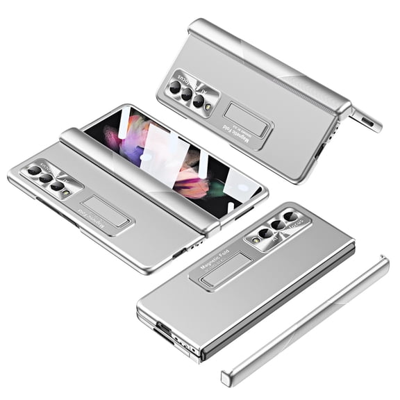 SaniMore Case for Samsung Galaxy Z Fold 4 7.6" 2022, Rugged PC Back Hinge Protection Case Hidden Kickstand Tempered Glass Screen Protector All-inclusive Case for Galaxy Z Fold 4, Silver