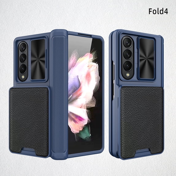 SaniMore Case for Samsung Galaxy Z Fold 4 7.6" 2022 with Screen Protector + Hinge Protection + Card Slot + Magnetic Car Mount + Sliding Cover Hybird Heaavy Duty Protective PU Leather Shell, Blue