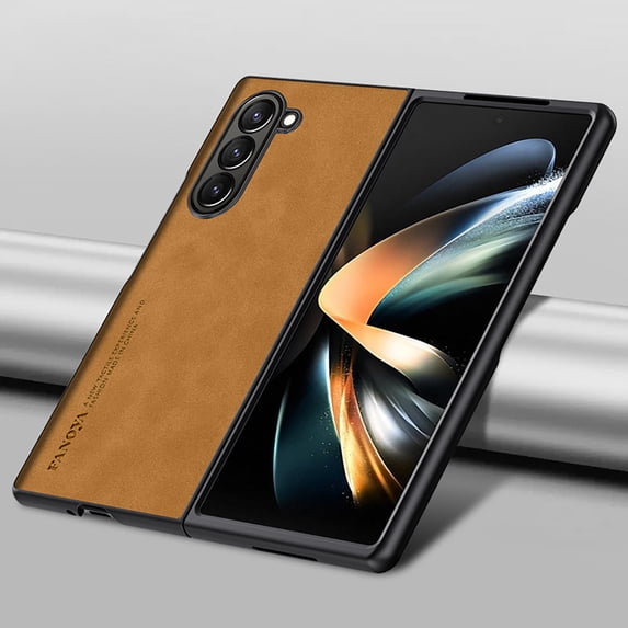 SaniMore Case for Samsung Galaxy Z Fold 5 (2021), Luxury PU Leather Lens Protection Metal Hidden Bracket Slim Lightweight Shockproof Anti-fall Bumper Drop Resistant Shell for Z Fold 5 - Brown