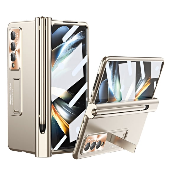 SaniMore Case for Samsung Galaxy Z Fold 5 7.6" 2023, Hinge Protection Case with S Pen Holder Magnetic Bracket Built-in Tempered Glass Screen Protection Lens Cap All-inclusive Cover, Gold