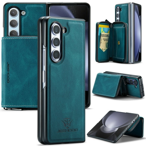 SaniMore Case for Samsung Galaxy Z Fold 5 7.6" 2023, PU Leather Case Detachable Magnetic Zipper Wallet Card Slots Kickstand Wireless Charging Anti-drop Shockproof 360°Protection Cover, Blue