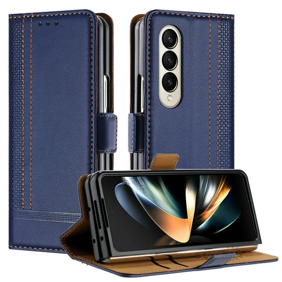 SaniMore Case for Samsung Galaxy Z Fold 5, Wear-resistant PU Leather Retro Durable TPU Shell Flip Folio Stand, Full Body Protection Magnetic Clasp Business Shell, Blue