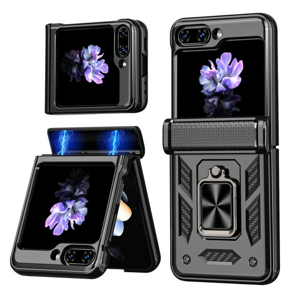 SaniMore Case for Samsung Galazy Z Flip 5 (2023), Screen Protector & Hinge Protection 360° Rotating Bracket Magnetic Car Mount Heavy Duty Military Drop Armor Shockproof Cover, Black