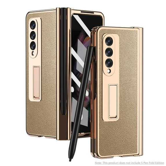 SaniMore Case for Samusng Galaxy Z Fold 3 6.7" 2021, Leather Skin Platng Frame Hinge Protection Screen Ptotector Hidden Kickstand Pen Slot All-inclusive Heavy Duty Protective Case for Z Fold 3, Gold