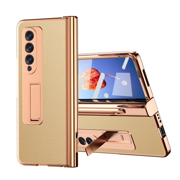 SaniMore Case for Samusng Galaxy Z Fold 4 6.7" 2022, Leather Skin Platng Frame Hinge Protection Screen Ptotector Hidden Kickstand Pen Slot All-inclusive Heavy Duty Protective Case for Z Fold 4, Gold