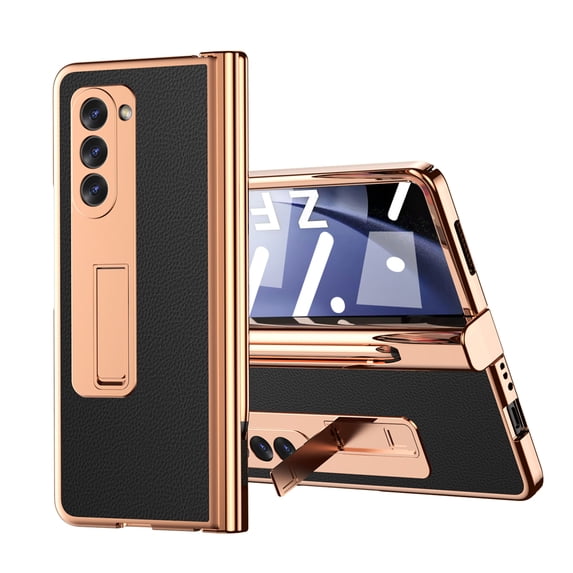 SaniMore Case for Samusng Galaxy Z Fold 5 6.7" 2023, Leather Skin Platng Frame Hinge Protection Screen Ptotector Hidden Kickstand Pen Slot All-inclusive Heavy Duty Protective Case for Z Fold 5, Black