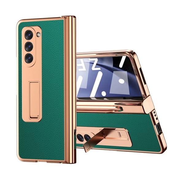 SaniMore Case for Samusng Galaxy Z Fold 5 6.7" 2023, Leather Skin Platng Frame Hinge Protection Screen Ptotector Hidden Kickstand Pen Slot All-inclusive Heavy Duty Protective Case for Z Fold 5, Green