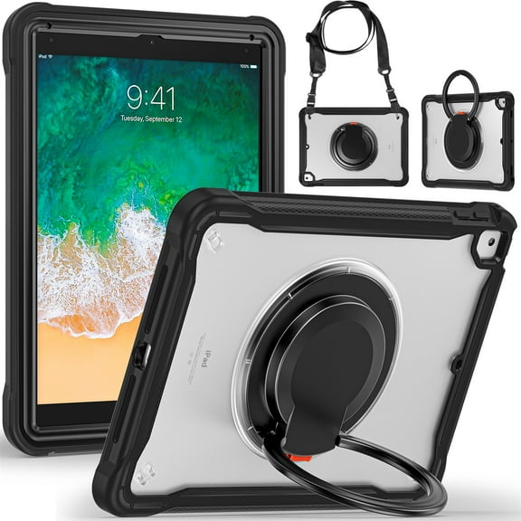 SaniMore Case for SaniMore Case for iPad 5th/6th Gen 9.7 inch 2017 2019, with Shoulder Strap Pencil Slot Hybird PC TPU Back Cover 360° Ratating Handle Bracket Shockproof Anti-fall Rugged Shell,Black