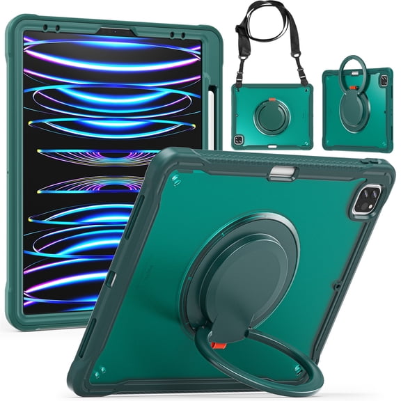 SaniMore Case for SaniMore Case for iPad Pro 12.9" 2018/2020/2021/2022, with Shoulder Strap Pencil Slot Hybird PC TPU Back Cover 360° Ratating Handle Bracket Shockproof Anti-fall Rugged Shell,Green