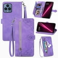 thumbnail image 1 of SaniMore Case for T-Mobile REVVL 6 5G, PU Leather Zipper Wallet Detachable Lanyard Retro Embossed Flower Crad Slots Flip Kickstand Full Body Protective Drop-proof Cover, Purple, 1 of 8