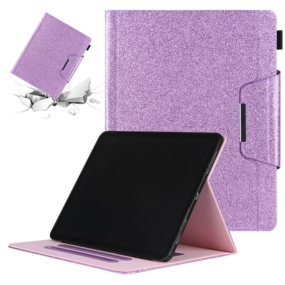 SaniMore Case for iPad 10th Generation 10.9" 2022, PU Leather Glitter Case Auto Wake/Sleep Card/Pen Holder Stand Dual Angle Anti-slip Strip TPU Backplane Magnetic Shockproof Wallet Case, Purple