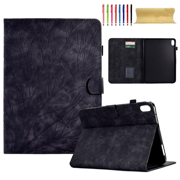 SaniMore Case for iPad 10th Generation 10.9" 2022, PU leather Skin Embossed Tree with Auto Sleep/Wake Pen Holder Card Slots Anti-slip Strip Flip Folio Wallet Business Cover, Black
