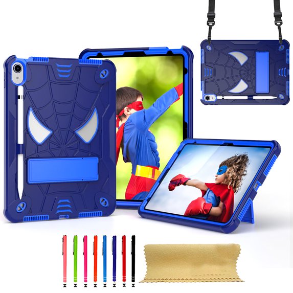 SaniMore Case for iPad 10th Generation 10.9" 2022, Screen Protector & Shoulder Strap & Hidden Bracket & Pen Slot Heavy Duty Protective Shockproof Hybird Shell, Navy+Blue