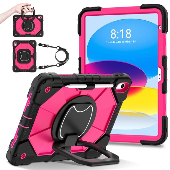 SaniMore Case for iPad 10th Generation 10.9" 2022, Shockproof Bumper Shoulder Strap 360° Rotating Handle Bracket + Pencil Holder Tri-layer Hybird Anti-drop Kids Shell, Black+Rose