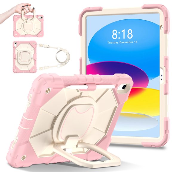 SaniMore Case for iPad 10th Generation 10.9" 2022, Shockproof Bumper Shoulder Strap 360° Rotating Handle Bracket + Pencil Holder Tri-layer Hybird Anti-drop Kids Shell, Rosegold
