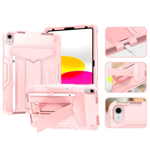 SaniMore Case for iPad 10th Generation 10.9" 2022, Shockproof Silicone Backplane & Rugged PC Frame Built-in Rotating Stand Pen Holder Anti-drop Heavy Duty Protective Case for iPad 2022, Rosegold