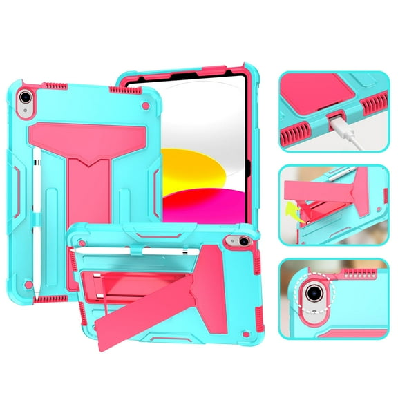 SaniMore Case for iPad 10th Generation 10.9" 2022, Shockproof Silicone Backplane & Rugged PC Frame Built-in Rotating Stand Pen Holder Anti-drop Heavy Duty Protective Case for iPad 2022, Mint & Rose