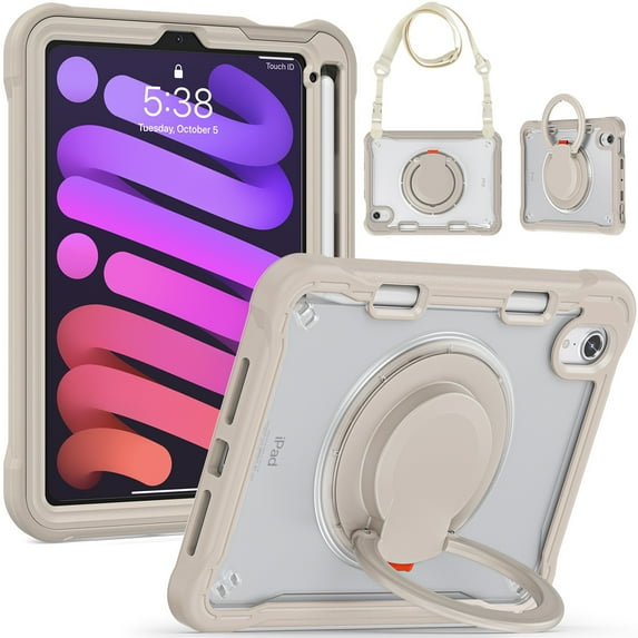 SaniMore Case for iPad Mini 6 8.3", with Shoulder Strap Pencil Slot Hybird PC TPU Back Cover 360° Ratating Handle Bracket Shockproof Anti-fall Rugged Kids Shell, Khaki