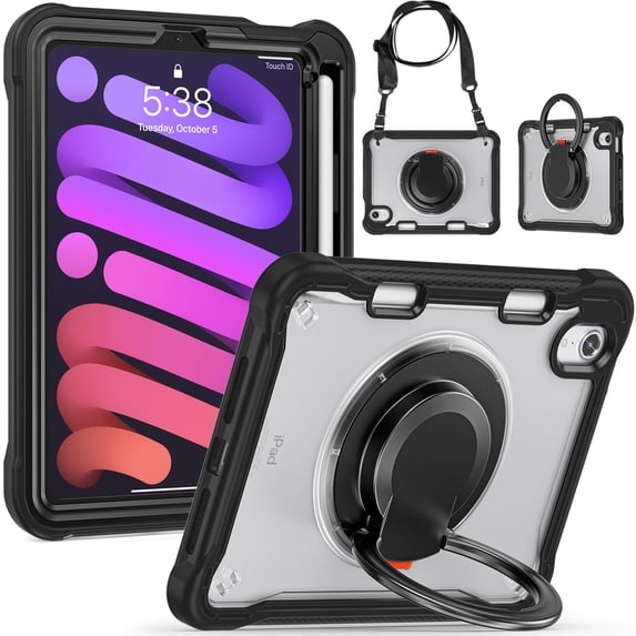 SaniMore Case for iPad Mini 6 8.3", with Shoulder Strap Pencil Slot Hybird PC TPU Back Cover 360° Ratating Handle Bracket Shockproof Anti-fall Rugged Kids Shell, Black