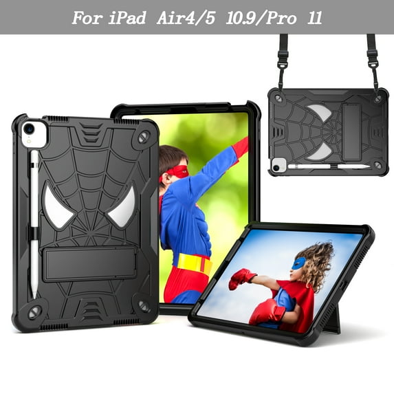 SaniMore Case for iPad Pro 11 2022/2021/2020/2018,iPad Air 5th/4th Generation/ipad 10.9" 2020, Screen Protector Shoulder Strap Hidden Bracket Pen Slot Heavy Duty Protective Shockproof Shell,Black