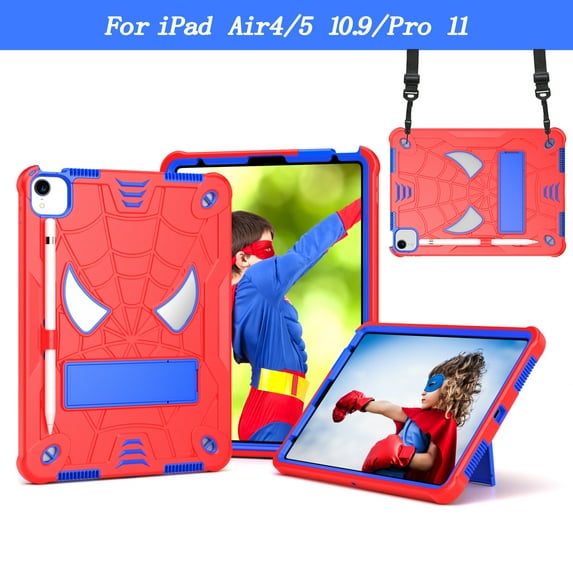 SaniMore Case for iPad Pro 11 2022/2021/2020/2018,iPad Air 5th/4th Generation/ipad 10.9" 2020, Screen Protector Shoulder Strap Hidden Bracket Pen Slot Heavy Duty Protective Shockproof Shell, Red+Blue