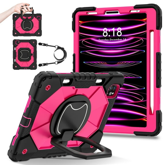 SaniMore Case for iPad Pro 11 2022/2021/2020/2018,iPad Air 5th/4th Generation/ipad 10.9" 2020, Shockproof Shoulder Strap 360° Rotating Handle Bracket Pencil Holder Hybird Anti-drop Shell, Black+Rose