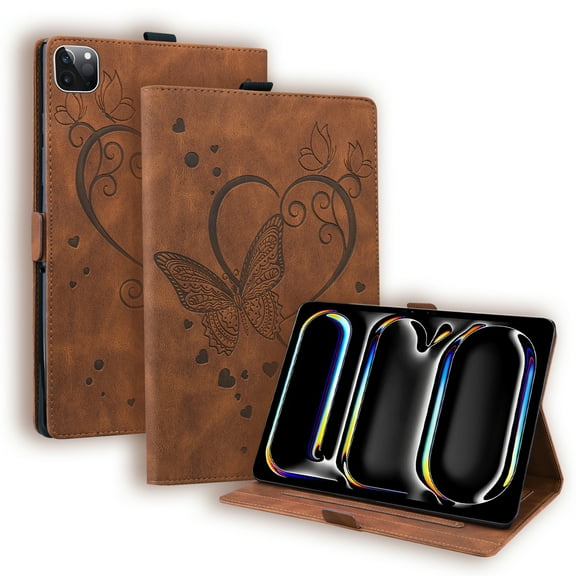 SaniMore Case for iPad Pro 11 2024, PU Leather Case with Embossed Butterfly Shockproof TPU Back Card/Pen Holder Anti-slip Stand Full Protective Fashion Wallet Cover, Brown