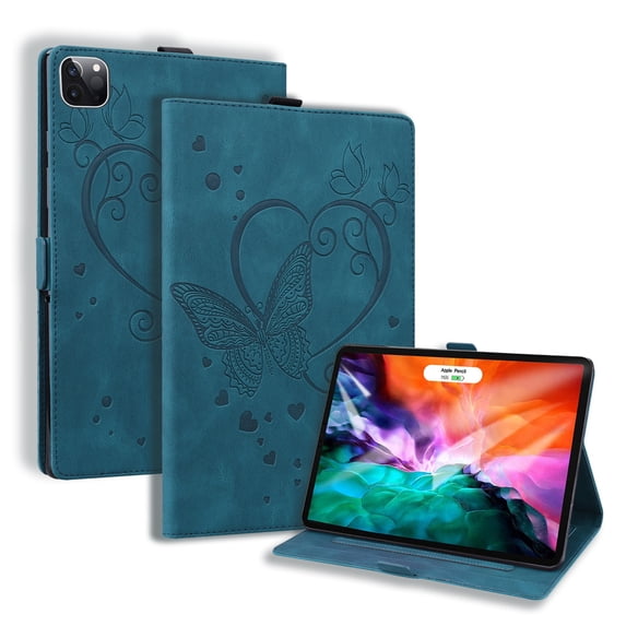 SaniMore Case for iPad Pro 13 2024, PU Leather Case with Embossed Butterfly Shockproof TPU Back Card/Pen Holder Anti-slip Stand Full Protective Fashion Wallet Cover, Blue
