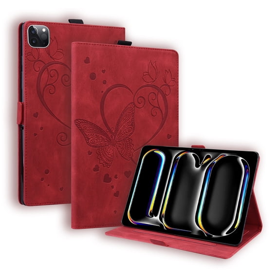 SaniMore Case for iPad Pro 13 2024, PU Leather Case with Embossed Butterfly Shockproof TPU Back Card/Pen Holder Anti-slip Stand Full Protective Fashion Wallet Cover, Red