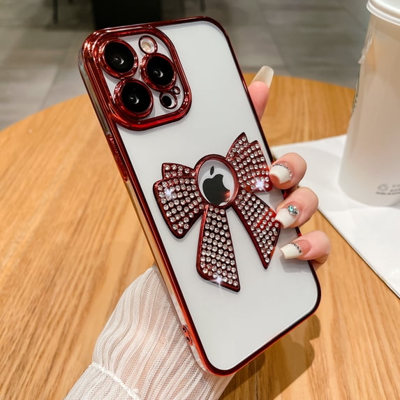 SaniMore Case for iPhone 13 Pro Max (6.7" 2021), Bling Glitter 3D Bowtie Diamond & Camera Glass Cover Protective Girly Shell Plsting Shockproof Bumper Anti--drop Clear Cover, Red