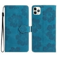 thumbnail image 1 of SaniMore Case for iPhone 13 Pro Max 6.7" 2021, [Card Slots + Cash Pocket + Removeable Wrist Strap] PU Leather Embossed Flower Flip Kickstand 360° All-around Protective Wallet Shell, Blue, 1 of 11