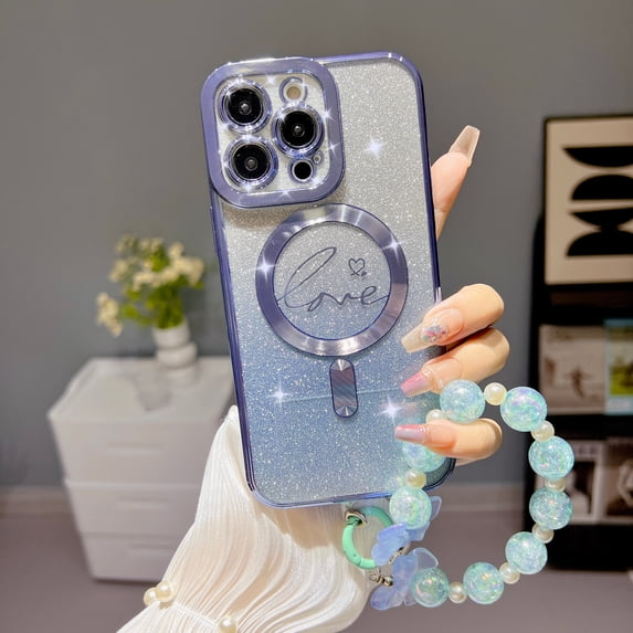 SaniMore Case for iPhone 13 Pro Max (6.7" 2021), Glitter Stylish Backplane Removeable Wrist Chain Plating Bumper Magnetic Wireless Charging Lens Protector Shell for Grils Women, Blue