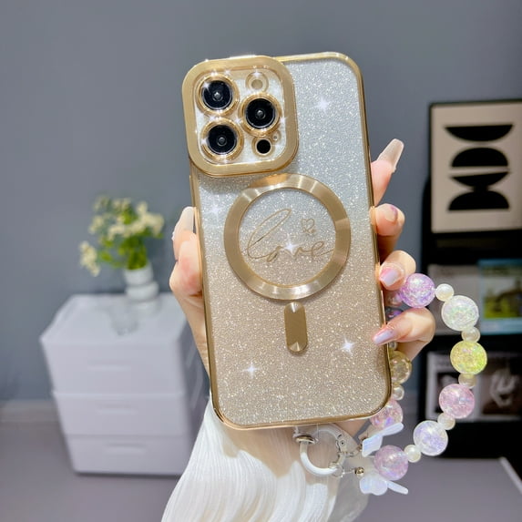 SaniMore Case for iPhone 13 Pro Max (6.7" 2021), Glitter Stylish Backplane Removeable Wrist Chain Plating Bumper Magnetic Wireless Charging Lens Protector Shell for Grils Women, Gold