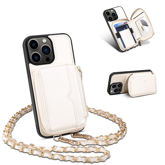 SaniMore Case for iPhone 13 Pro Max 6.7" 2021 with Metal Detachable Crossbody Lanyard Zipper Wallet Pocket Card Slots PU Leather Wear-resistant Shockproof Anti-fall Retro Girly Shell, White