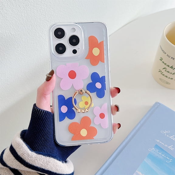 SaniMore Case for iPhone 13 Pro Max, Fashion Flower Backplane Transparent Anti-yellow for Girls Women Rotating Bracket Ring Slim Fit Lightweight Shockproof Anti-fall Shell, F-Colorful Flower