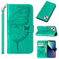 thumbnail image 1 of SaniMore Case for iPhone 14 (6.1" 2022), PU Leather Skin with Luxury Embossed Butterfly [Wrist Strap & Card Slots & Flip Kickstand] Full-body Shockproof Business Wallet Cover for iPhone 14, Green, 1 of 9