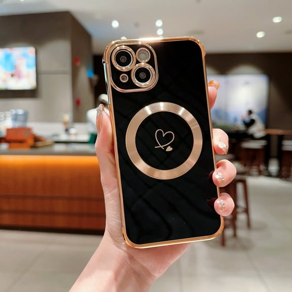 SaniMore Case for iPhone 14 6.1" 2022, Plaitng Bumper with Stylish Cute Love Heart Ultra-slim Lightweight Magnetic Shell [Wireless Charging] Lens All-inclusive Full Protective Cover, Black