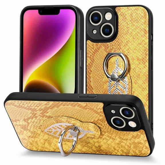SaniMore Case for iPhone 14 6.1" 2022, Python Pattern Skin Lens All-inclusive 360 Degree Ratating Kickstand Anti-scratch Slim Lightweight Wireless Charging Fashion Luxury Shell For iPhone 14, Yellow