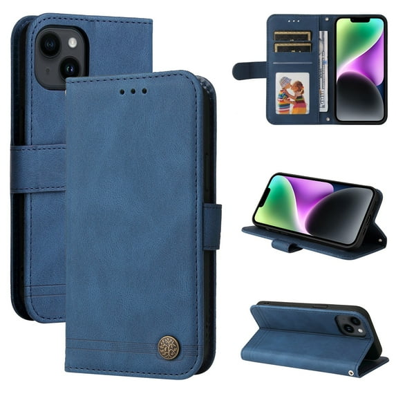 SaniMore Case for iPhone 14 6.1" 2022 with Wrist/Crossbody Strap,Retro PU Leather Anti-scratch Card Slots Cash Pocket Kickstand Shockproof Anti-drop Wallet Business Cover For iPhone 14, Blue
