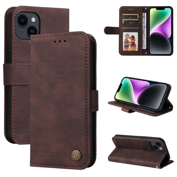 SaniMore Case for iPhone 14 6.1" 2022 with Wrist/Crossbody Strap,Retro PU Leather Anti-scratch Card Slots Cash Pocket Kickstand Shockproof Anti-drop Wallet Business Cover For iPhone 14, Brown