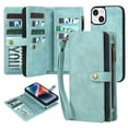 thumbnail image 1 of SaniMore Case for iPhone 14 (6.1" 2022), Zipper Wallet RFID Blocking Card Slots Wrist Strap Magnetic Slim Case Wireless Charging PU Leather Kickstand Shockproof Anti-fall Cover, Green, 1 of 7