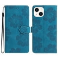 thumbnail image 1 of SaniMore Case for iPhone 14 Plus 6.7" 2022, [Card Slots + Cash Pocket + Removeable Wrist Strap] PU Leather Embossed Flower Flip Kickstand 360° All-around Protective Wallet Shell, Blue, 1 of 11