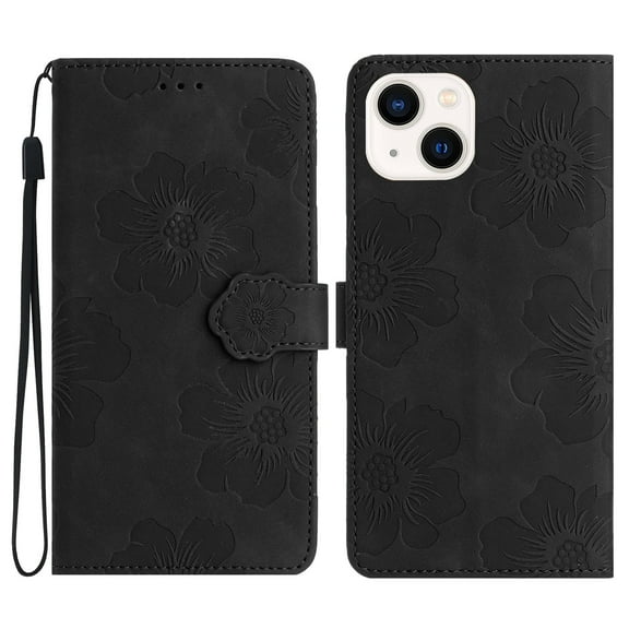 SaniMore Case for iPhone 14 Plus 6.7" 2022, [Card Slots + Cash Pocket + Removeable Wrist Strap] PU Leather Embossed Flower Flip Kickstand 360° All-around Protective Wallet Shell, Black
