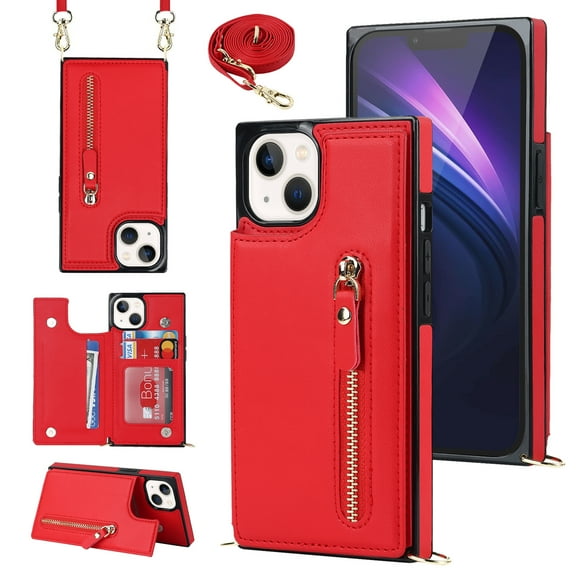 SaniMore Case for iPhone 14 Plus 6.7" 2022 with Card Slots, PU Leather Zipper Wallet Crossbody Lanyard Flip Kickstand Full-body Protective Retro Shockproof Cover for Girls Women, Red