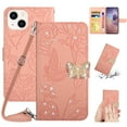 thumbnail image 1 of SaniMore Case for iPhone 14 Plus 6.7" 2022, [Crossbody/Wrist Lanyard] PU Leather Skin Embossed Butterfly [Diamond Clasp] Card Slots kickstand Shockproof Stylish Glitter Wallet Shell, Pink, 1 of 12