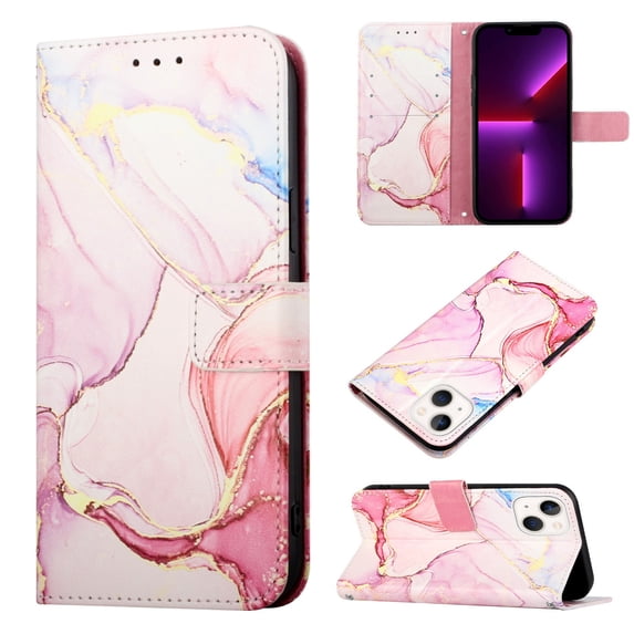 SaniMore Case for iPhone 14 Plus 6.7" 2022, PU Leather Case Luxury Marble Wireless Charigng Kickstand Magnetic Clasp Cash Pocket Detachable Wrist Strap Fashion Cover for Girls Women, Rosegold